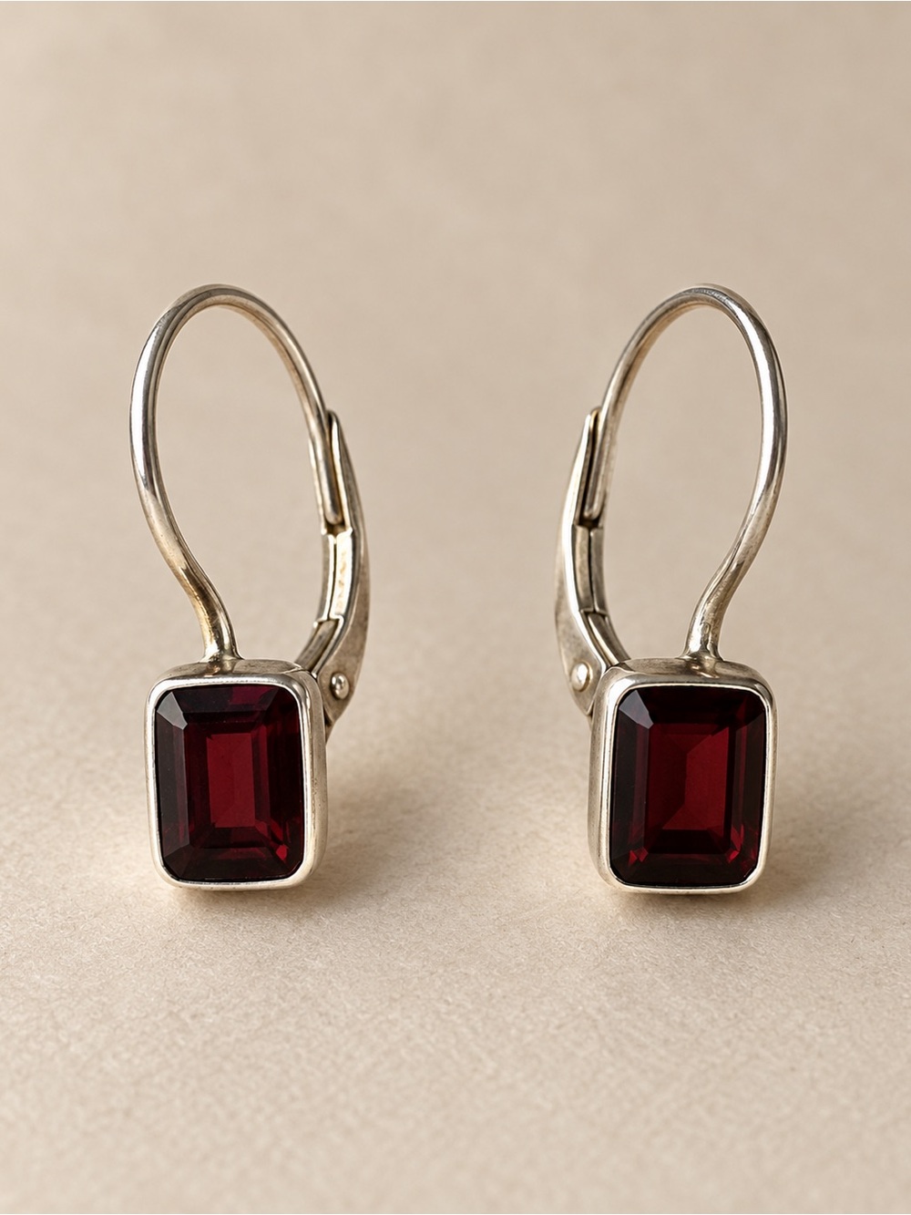 Garnet Rectangle Leverback Earrings – Silver Marked 950
